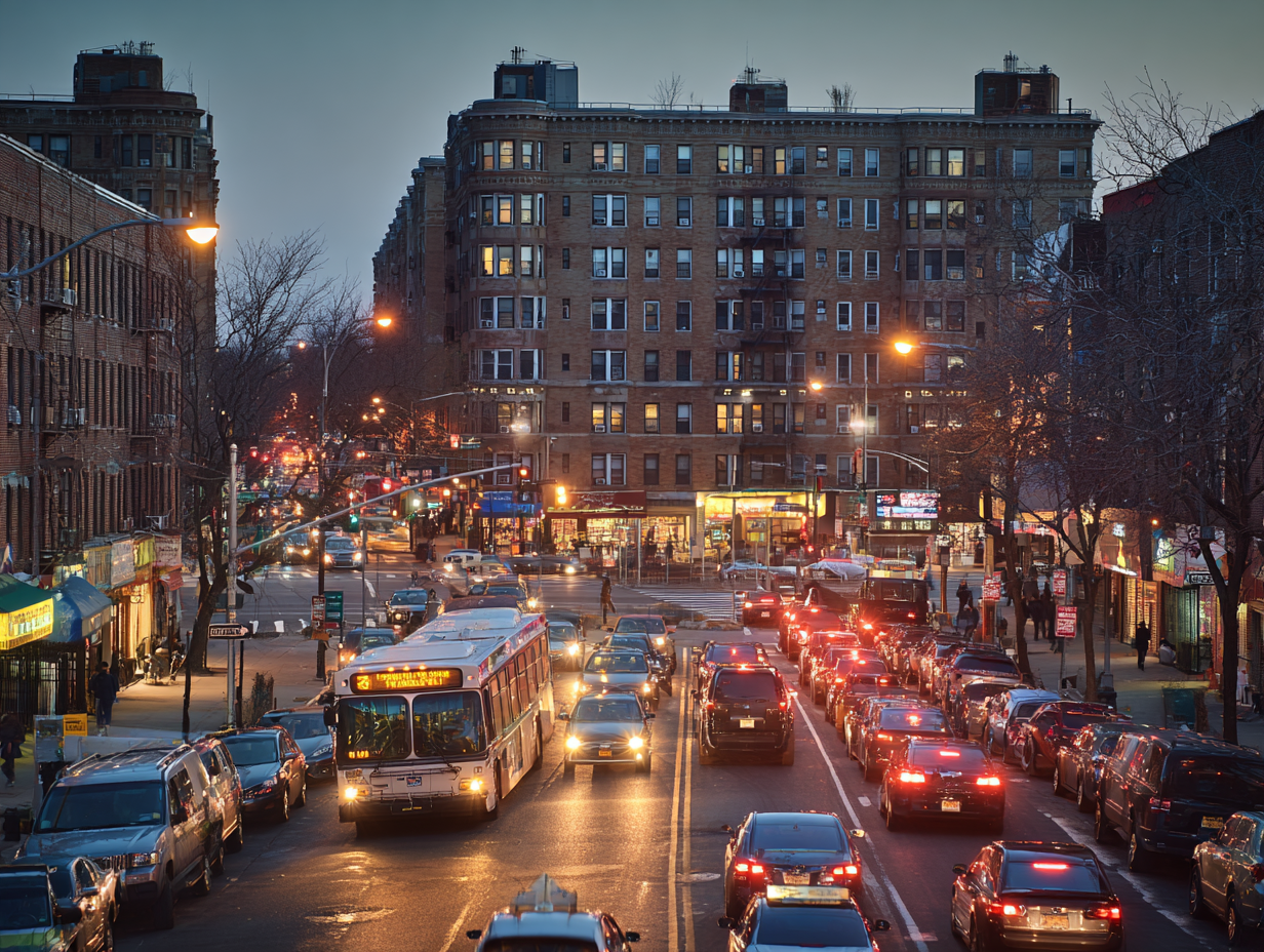Busy Bay Ridge Brooklyn street with cars, buses, subway entrance, and apartment buildings